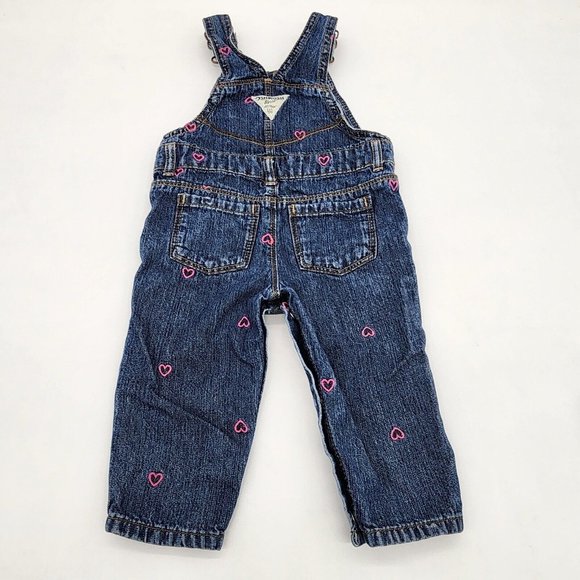 OshKosh B'Gosh Vestbak Denim Overalls with Embroidered Pink Hearts Size 9 Mo. - Picture 2 of 4